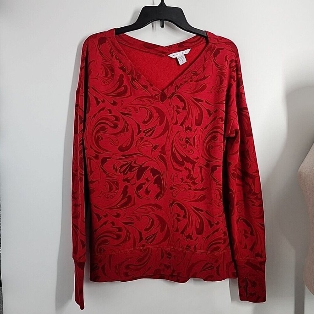 Athleta Womens Size XS Coaster Luxe V-Neck Sweatshirt Agate Paisley Red Holiday